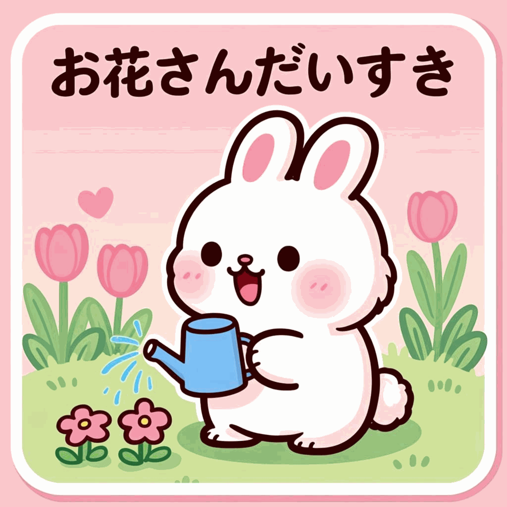 チューリップの花壇の前で、Momo がお花の世話をしている。水をあげる手は優しく…オリジナルイラスト