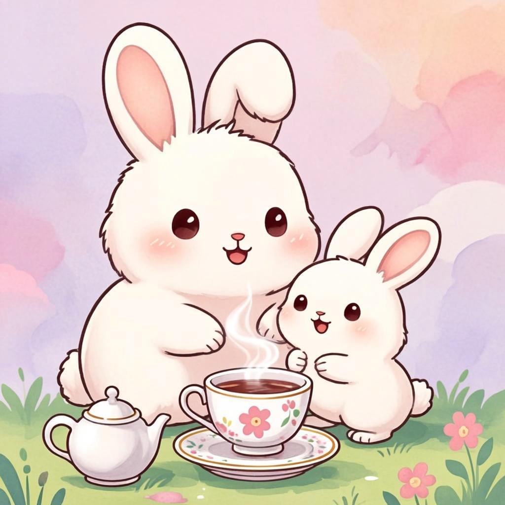 ティーポットから湯気。Momo が大切な人との時間を楽しむ。会話は弾み、笑い声が…オリジナルイラスト
