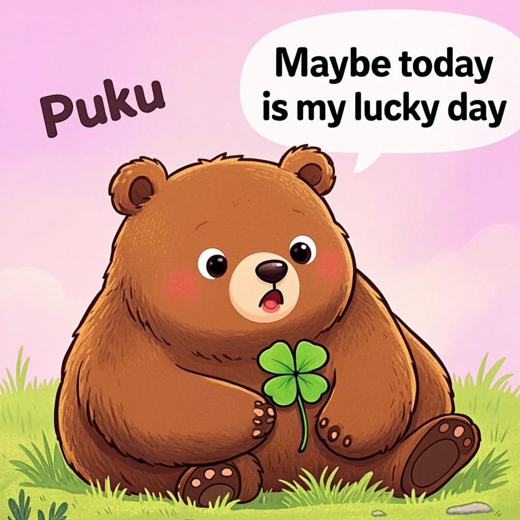 四人葉のクローバーを見つけた Puku。「今日はついてるかも」と、小さな幸運に胸…オリジナルイラスト