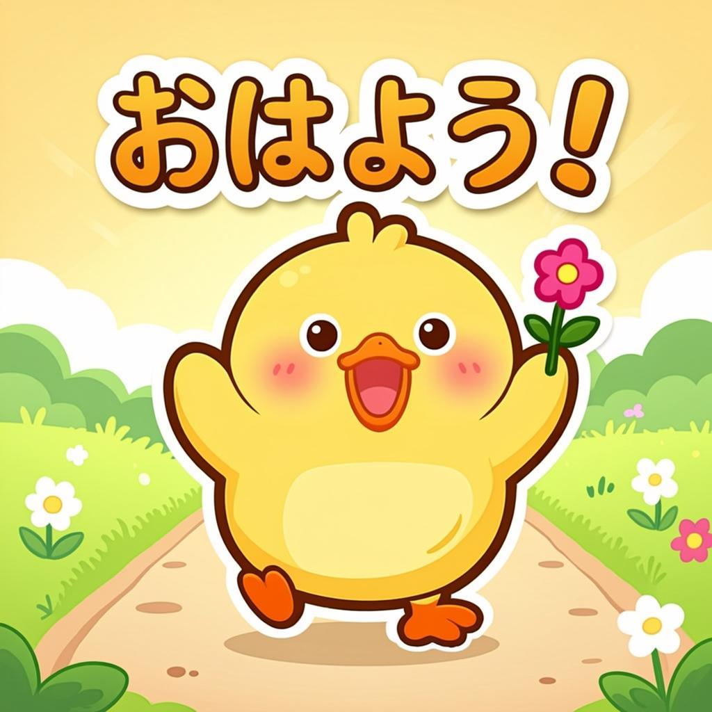 Niko が朝の散歩中。元気にスキップしながら、道端の小花に「おはよう!」と挨拶…オリジナルイラスト