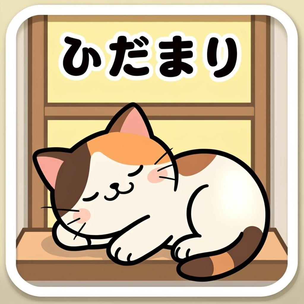 ミケたんが窓辺で丸くなっている。日向の温かさが心地よく、時々伸びをする。猫のいる…オリジナルイラスト