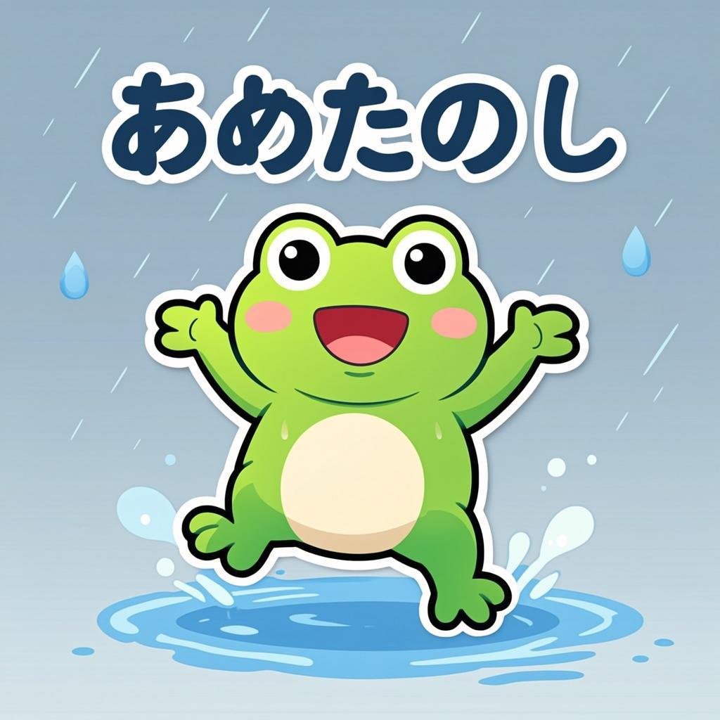 ケロ吉が雨の日の水たまりでぴょんと跳ねる。雨音を聞きながら、のんびり歌う。雨の日…オリジナルイラスト