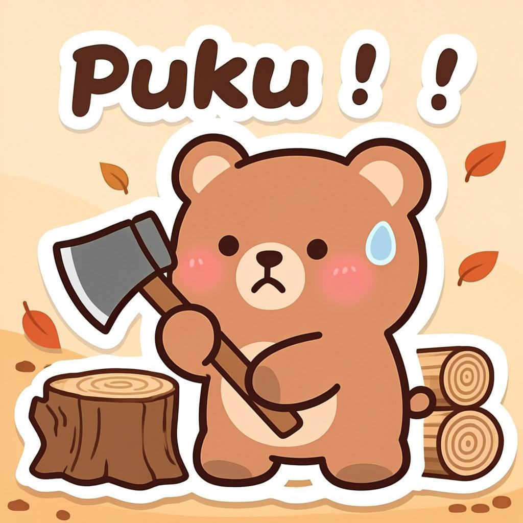 Puku が薪を割る。えいっ、えいっ。実は力持ち。冬支度も、楽しくできる。…オリジナルイラスト