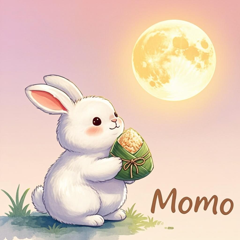 Momo がお月見をしている。満月の夜、お団子を供えて。風情を愛でる、和の心。…オリジナルイラスト