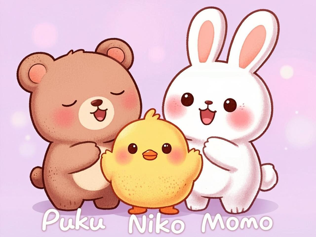 オリジナルキャラクター Momo・Puku・Niko の3匹のキラキラしたイラスト